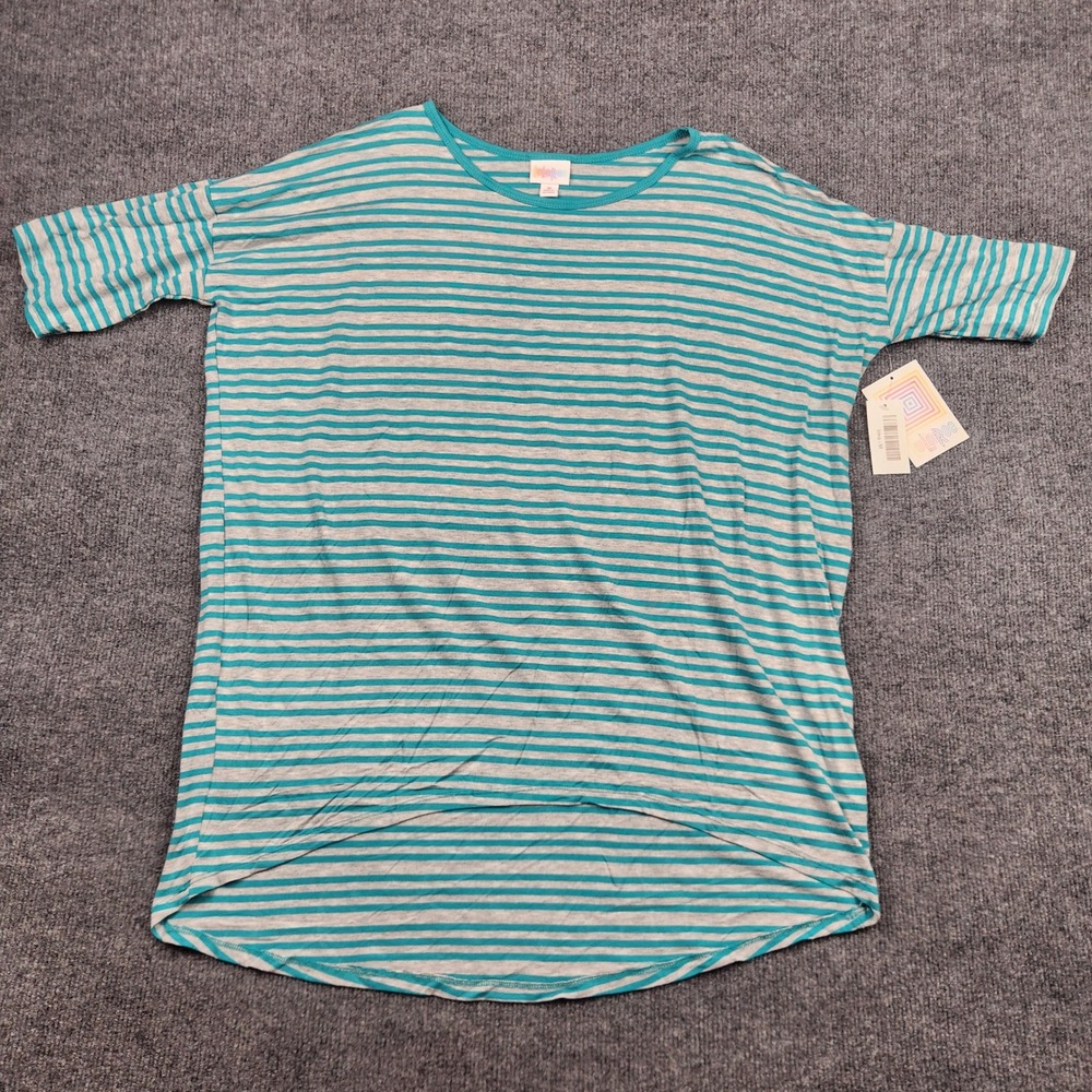 LulaRoe Irma Tunic Top Womens Medium Teal Gray Striped High Low Short Sleeve NEW